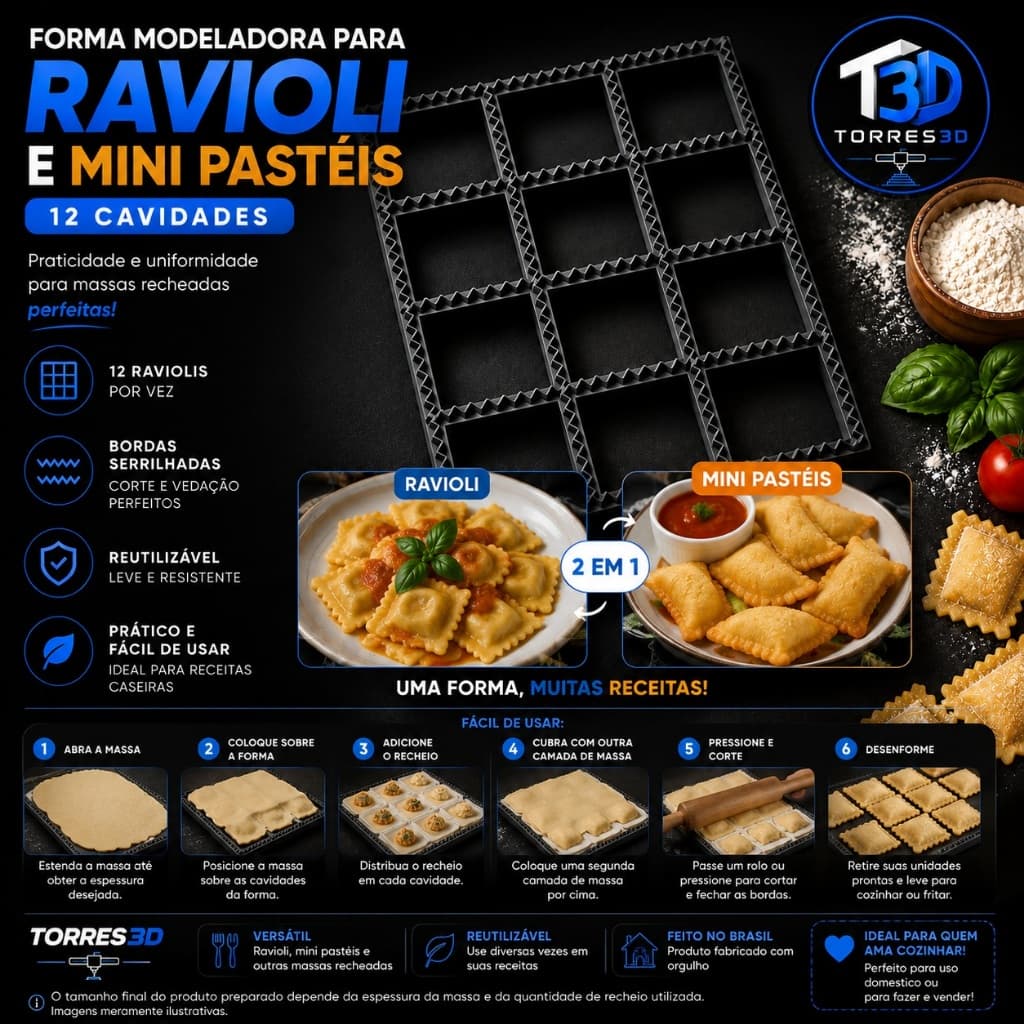 Forma Ravioli 12 Cavidades - Cortador Massa Recheada e Mini Pastel | Molde 3D