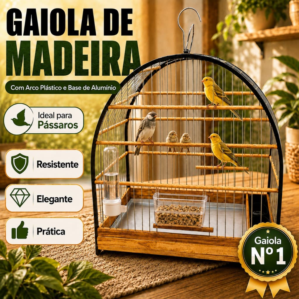 Gaiola de Madeira com Arco Plástico e Base de Alumínio para Pássaros Nº1 - ENTREGA IMEDIATA