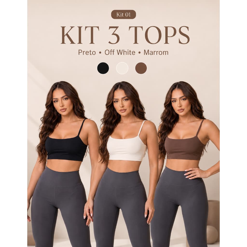 Kit 3 Tops Feminino Fitness Alça Fina Forro Duplo Academia Zero Transparência  Moda Cores