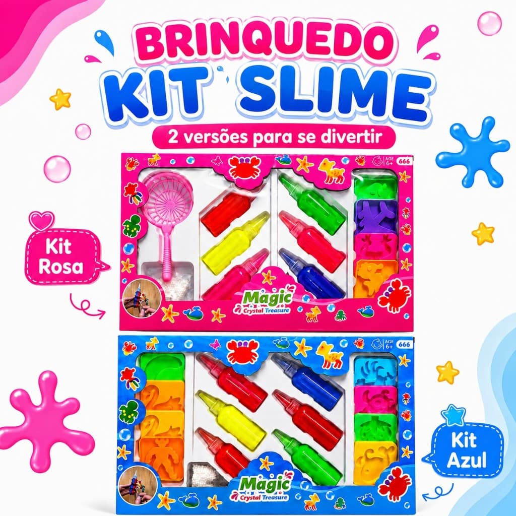 Kit Slime Magic Infantil Azul ou Rosa com Moldes e Acessórios Brinquedo de Atividades Criativas