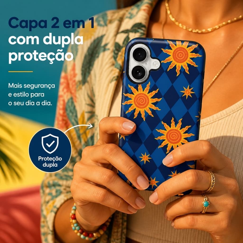 Capinha 2Em1 TPU+PC Proteção Dupla Estampa Sol Geométrico, Ótimo Presente para iPhone