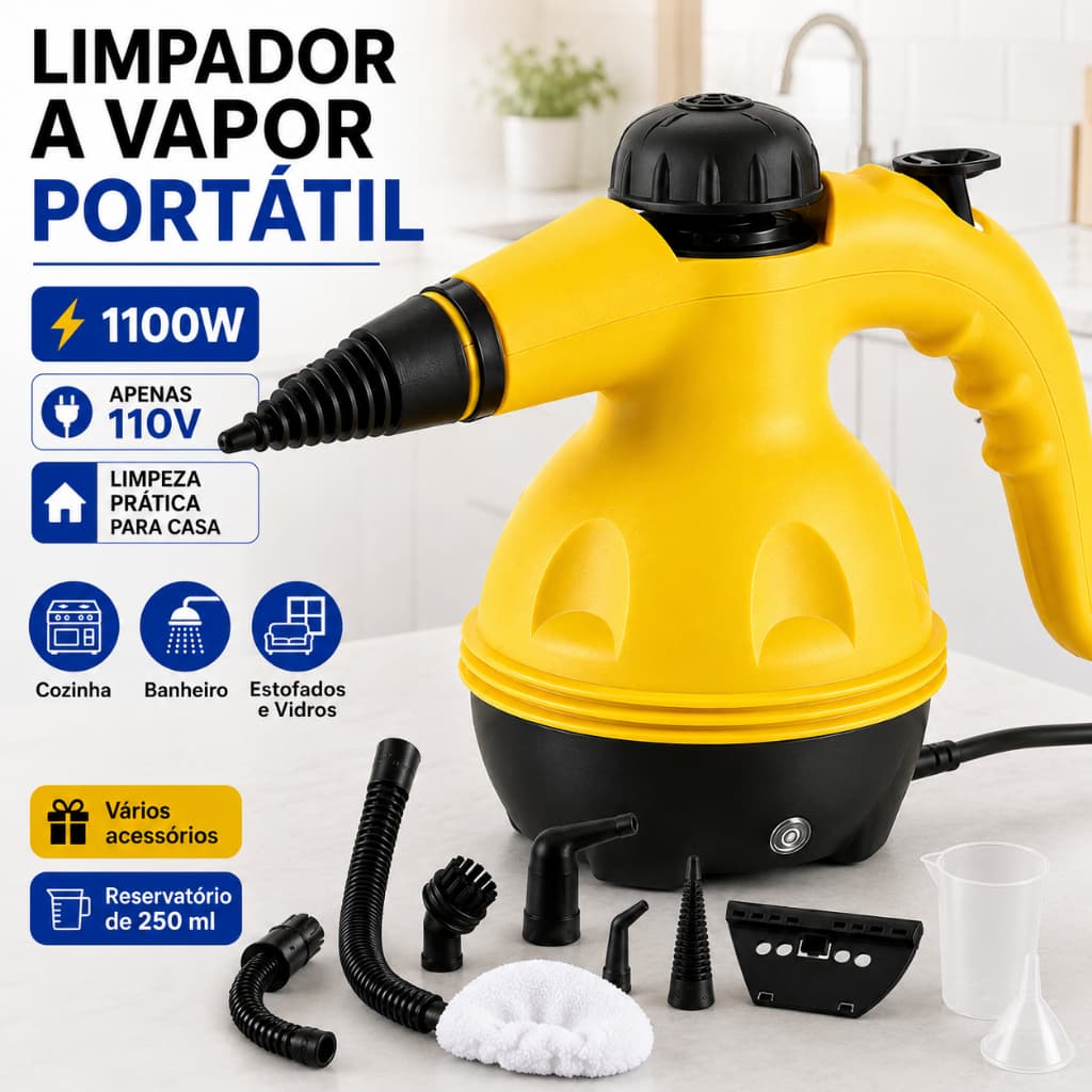 Limpador de Vapor Portátil 1100W Alta Pressão para Cozinha e Banheiro | Máquina 110V com Vários Acessórios
