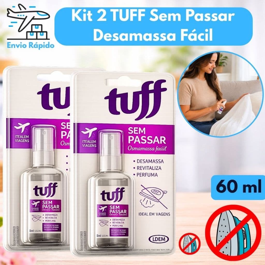 Kit 2 Tuff Sem Passar 60ml Desamassa Fácil Roupas Spray Prático Neutraliza Odores Ideal para Viagens