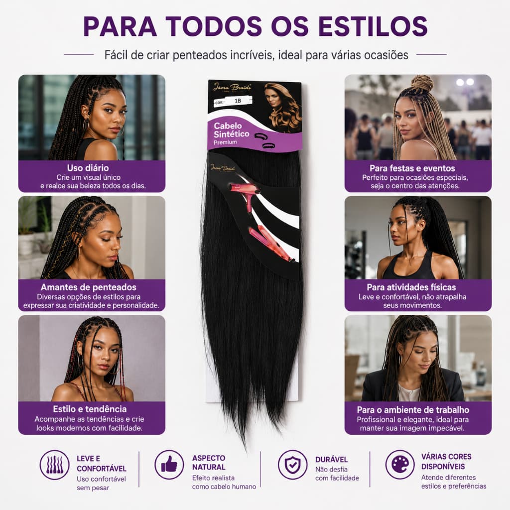Cabelo Sintético Fibra Lisa para Tranças, Box Braids e Penteados – Longo, Macio e Resistente