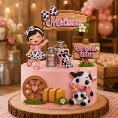 Topo De Bolo Personalizado Vaquinha Fazendinha Rosa Cute - Nome Idade Papelaria Aniversario Mêsversario