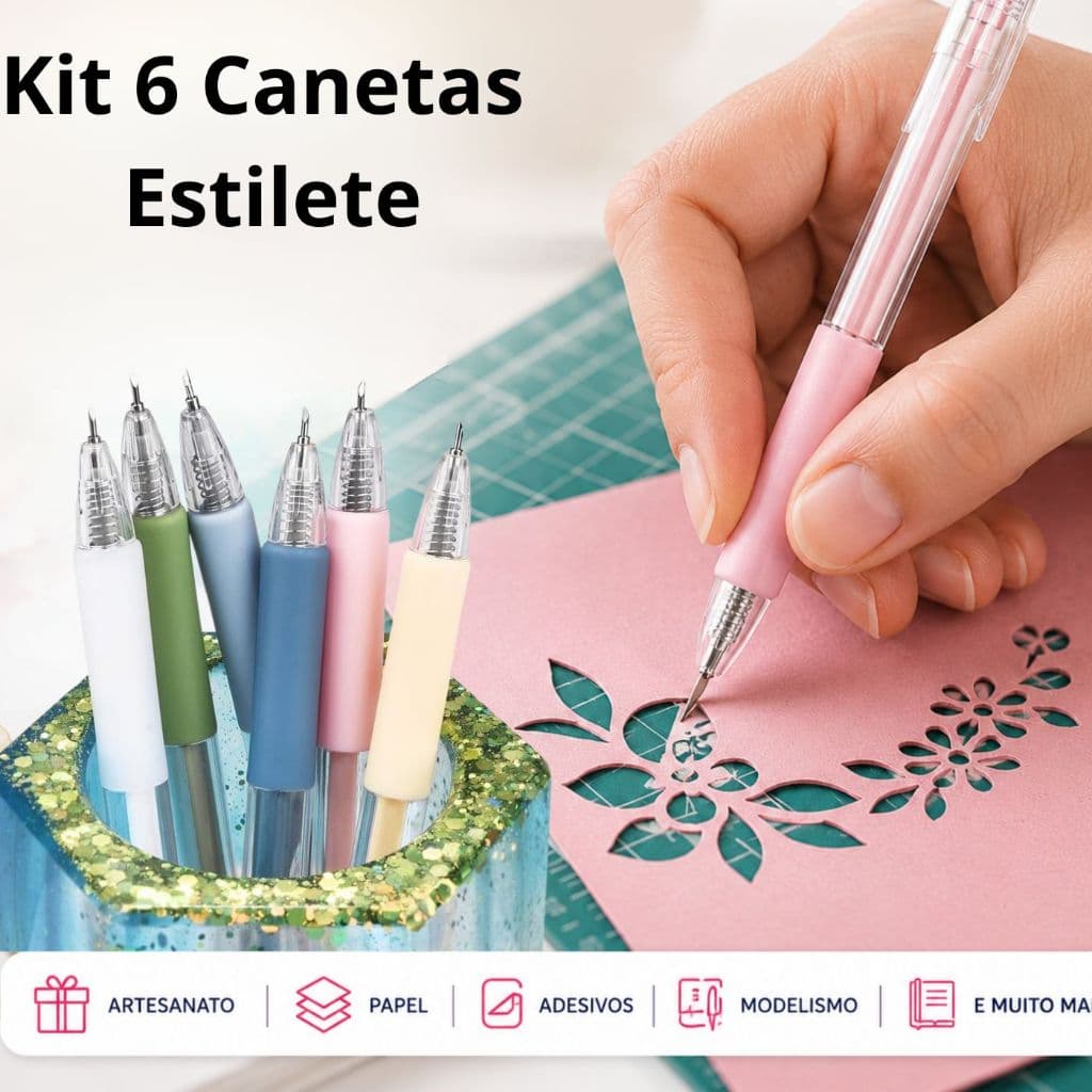 Kit 6 Canetas Estilete de Precisão Ponta Retrátil para Papel Adesivos Artesanato Scrapbook