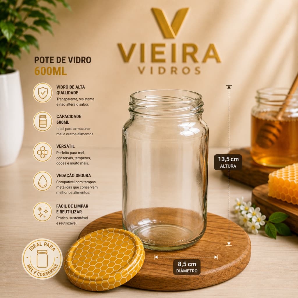 KIT 10UN/05UN Pote 600ML + 74mm Estampa Colmeia para Potes de Mel – Tampa Rosca para Vidros