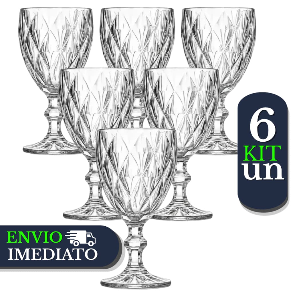 Jogo 6 Taça Diamante Copo Vidro Transparente Bico De Jaca Elegante Design Moderno Cristal