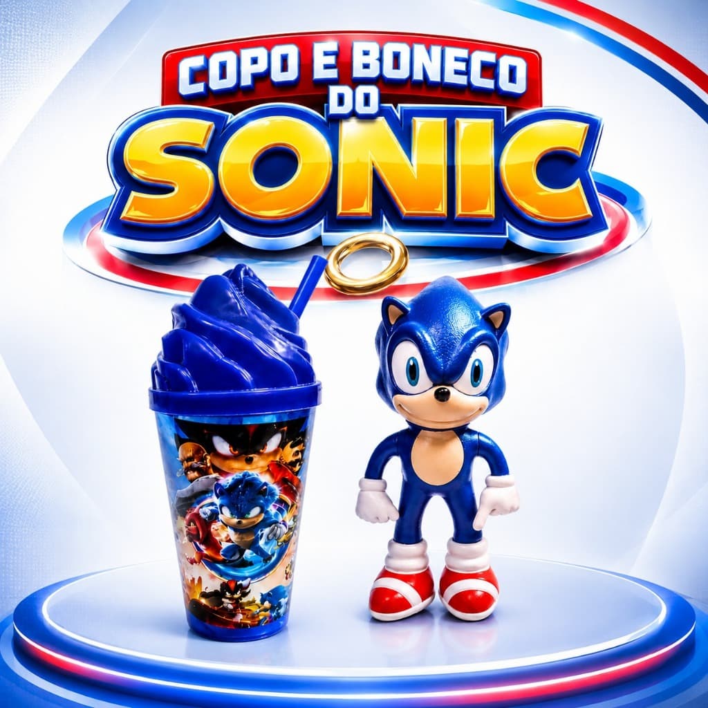 Kit Copo e Boneco Sonic com Canudo Infantil Personagem Presente
