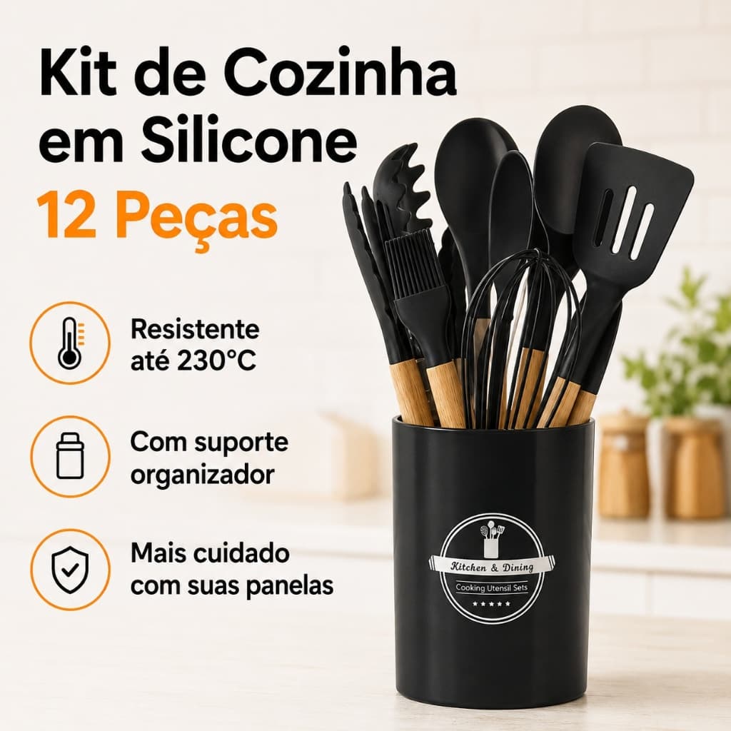 Kit 12 Peças Utensílios de Cozinha em Silicone com Suporte, Espátulas Colheres Pegador para Panelas Antiaderentes