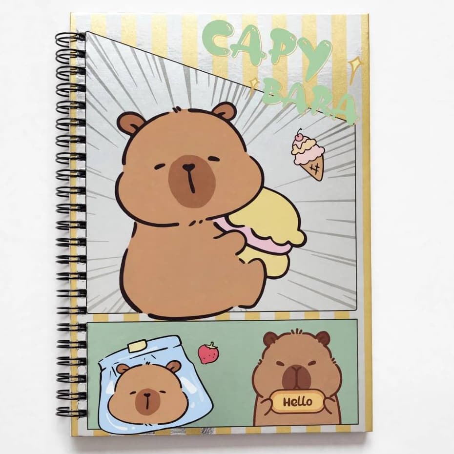 Kit 3 Cadernos Capivara Metalizado 60 Folhas Pautado Cute Papelaria Fofa Presente