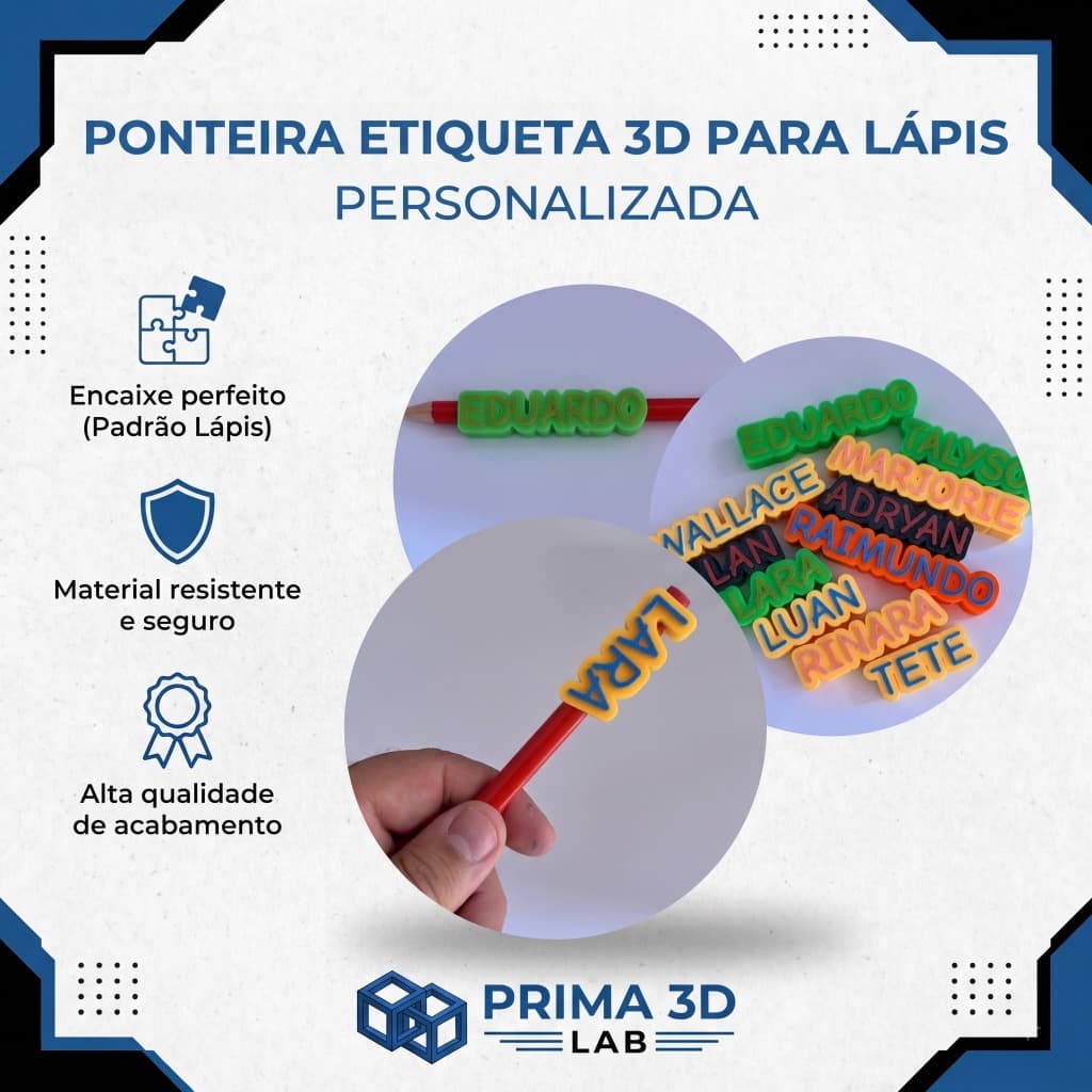 Ponteira 3D Infantil Personalizada – Lápis com Nome