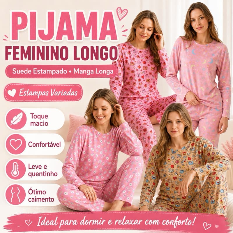 Pijama Feminino Longo Em Suede Estampado Manga Longa