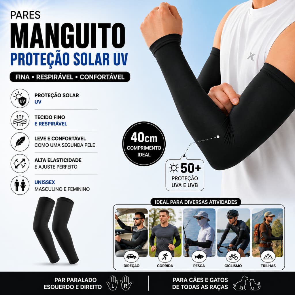 1 ou 2 Pares de Manguito Proteção Solar UV 40cm Braço Esquerdo e Direito Unissex Respiravel Proteção