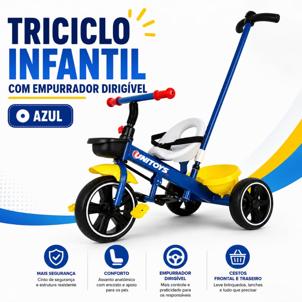 Triciclo Infantil Azul Com Cadeirinha Empurrador Rodas Largas Passeio Seguro Com Cesto