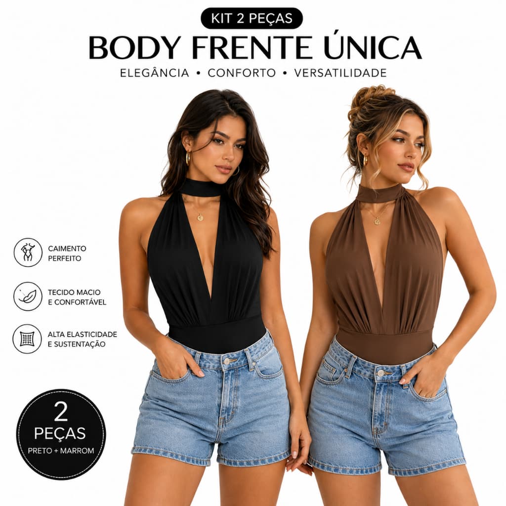 Kit 2 Bodies Femininos Gola Alta Decote Profundo Drapeado Look Elegante