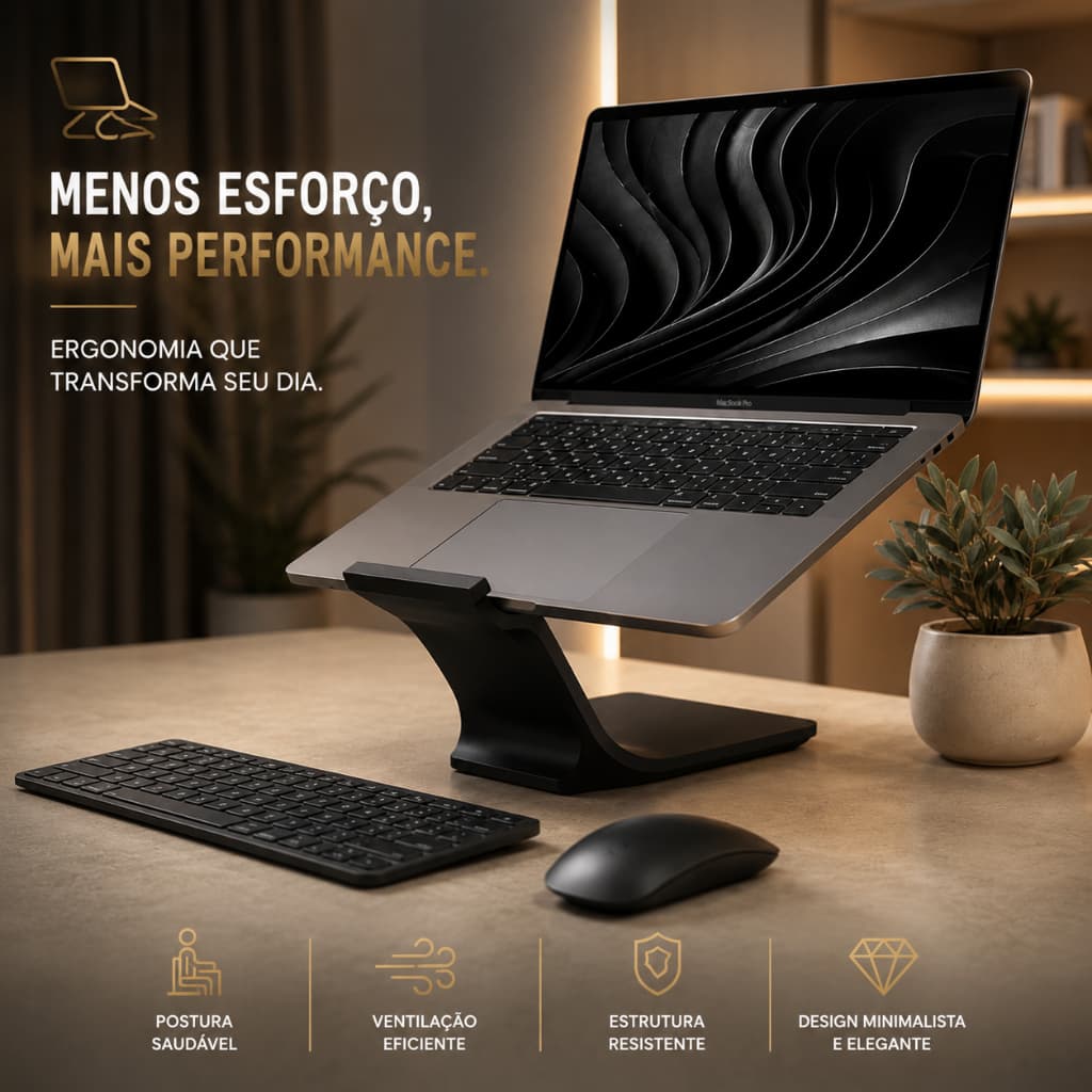 Suporte para Notebook Ergonômico de Mesa Minimalista – Base Elevada para Laptop com Design Moderno