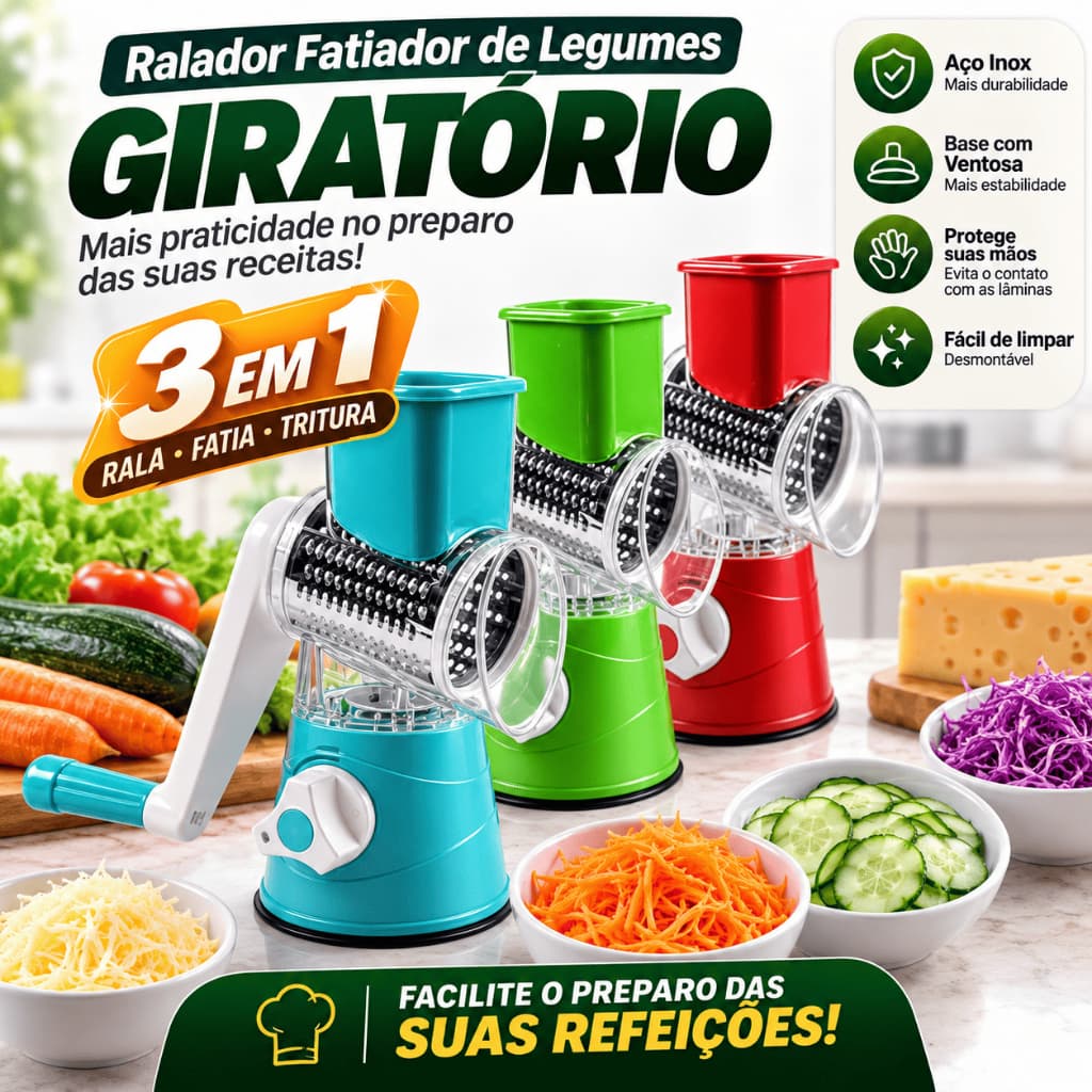 Ralador Fatiador de Legumes Giratório 3 em 1 Inox Manual com Ventosa