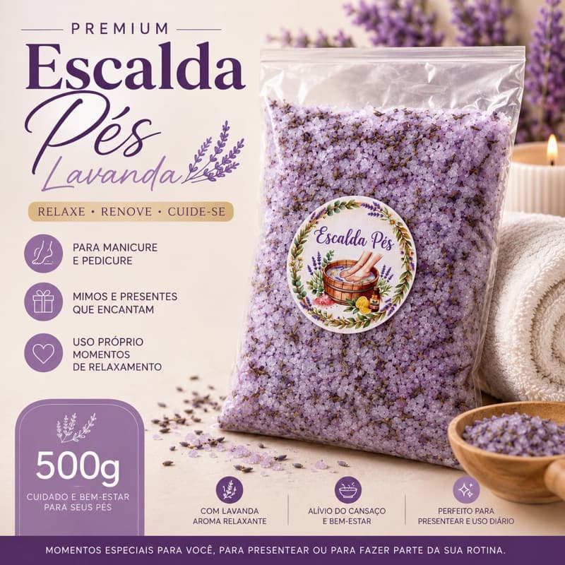 Escalda Pés Premium Lavanda 500g Sal de Banho Relaxante Manicure Pedicure Mimo Presente