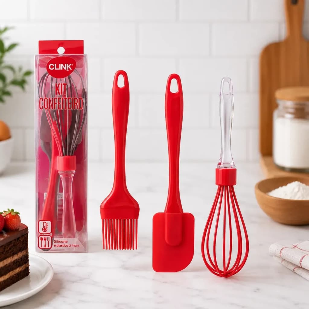 Kit 3 Utensílios Silicone Fouet Espátula E Pincel Culinário Vermelha