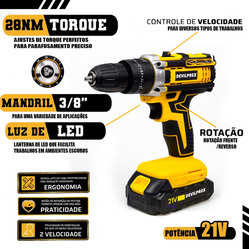 Parafusadeira Furadeira 21V 2 Baterias Com Maleta e Acessórios Completo