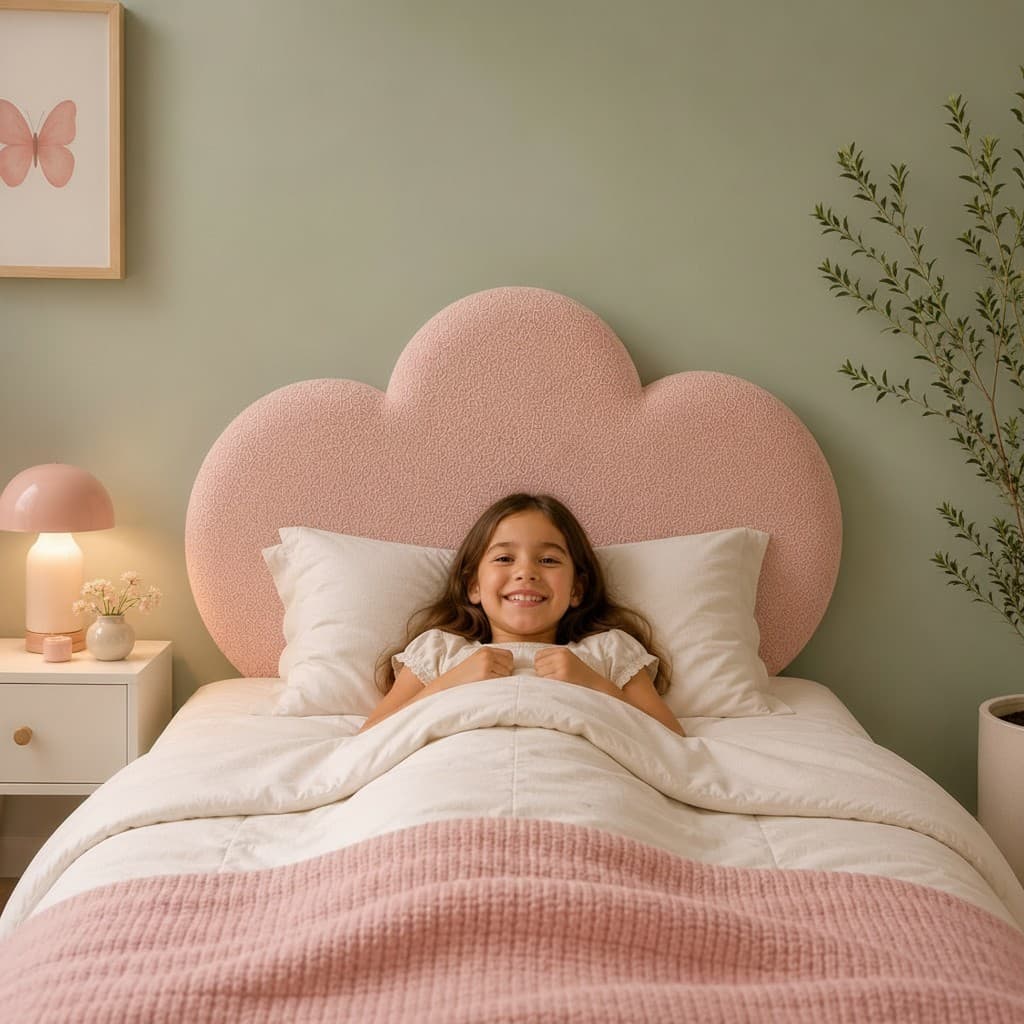 Cabeceira Solteiro Menina Nuvem Bouclê  Estofada 90x57cm Decorativa Moderna Quarto Infantil Clean para cama Box