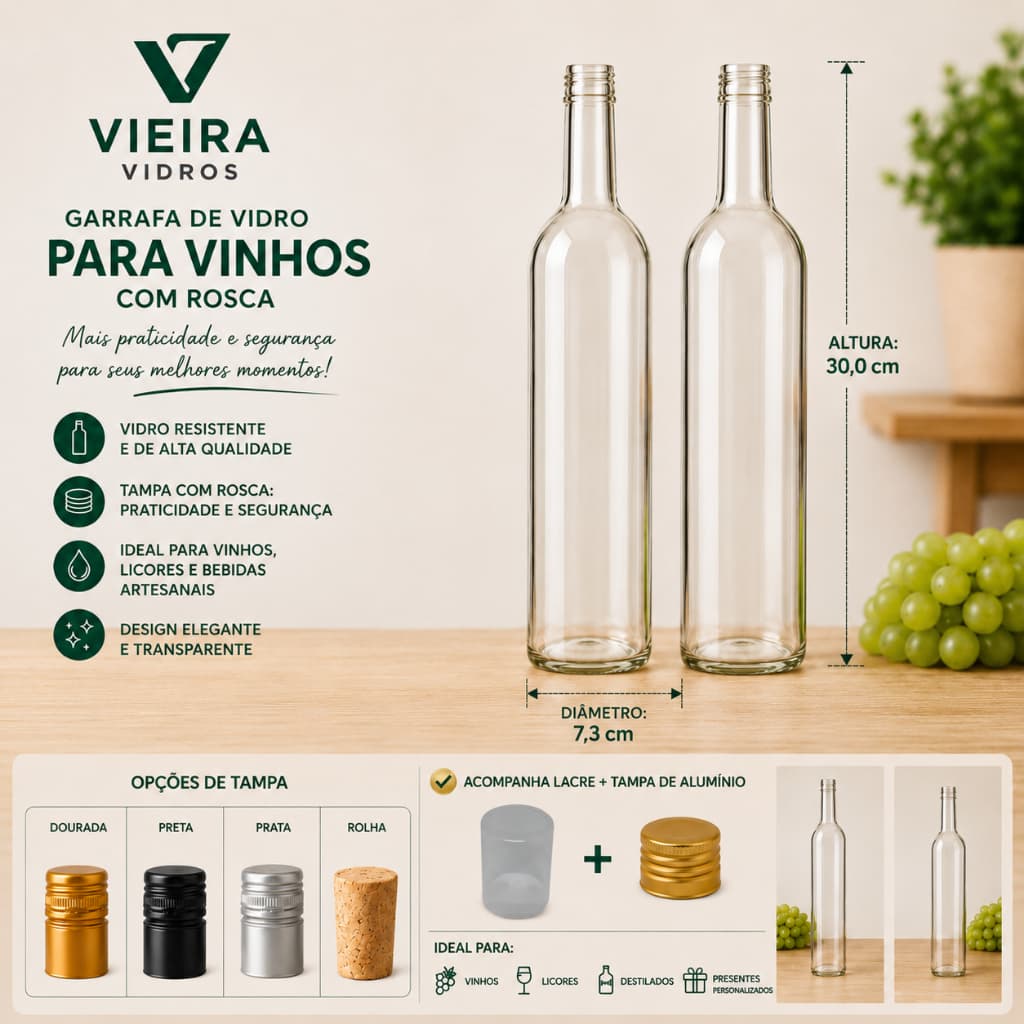 Kit 12 Garrafa De Vidro 750ml INCOLOR  com Tampa de Alumínio + LACRE CRISTAL.