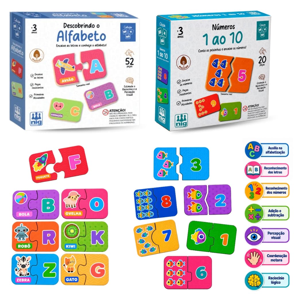 Kit Educativo 2 Jogos em Madeira Quebra Cabeça Alfabeto Números Nig Brinquedo A partir de 3 Anos