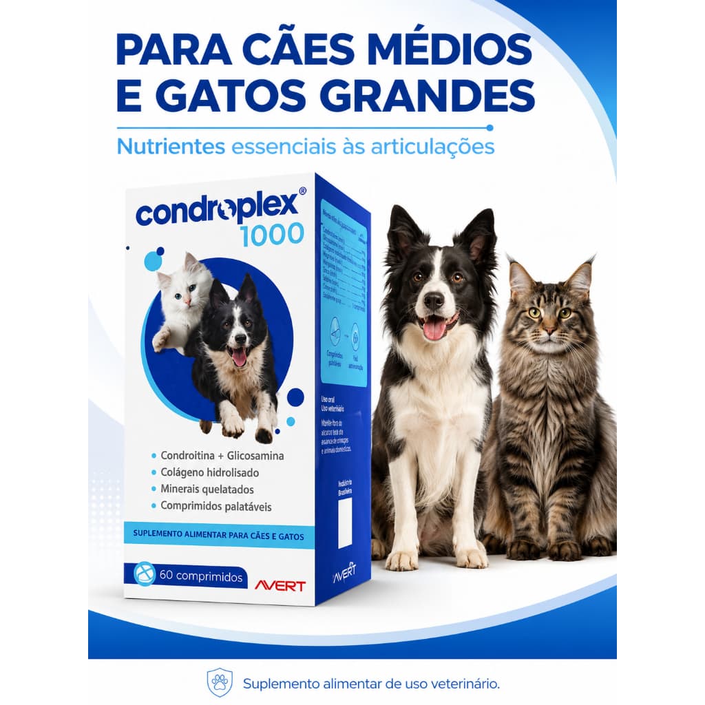 Condroplex 1000 Avert 60 Comprimidos Suplemento Articular Cães Médios Gatos Grandes Condroitina Glicosamina Colágeno Pet