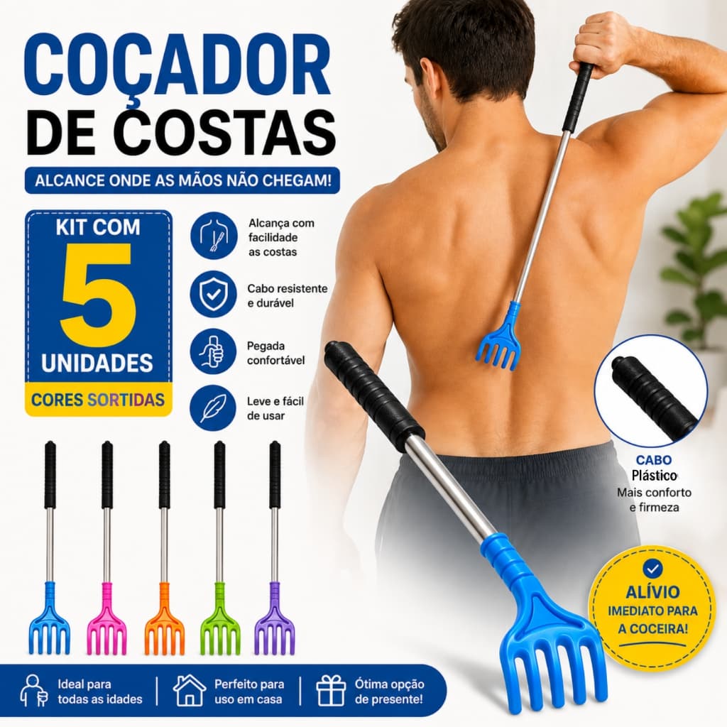 Kit 5 Coçador de Costas Mãozinha 41cm Massageador Corporal Relaxante Inox