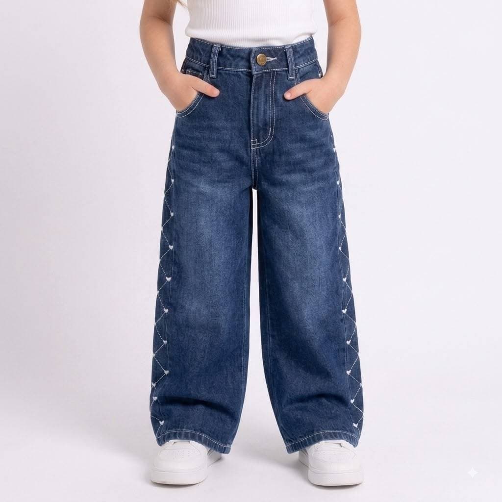 Calça Jeans Wide Leg Infantil Menina 100% Algodão Com Bordado Lateral Do 4 ao 8 anos
