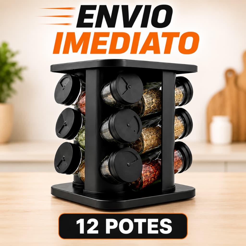 Porta Tempero Giratório 12 Potes de Vidro Preto 360 com Tampa Dosadora Organização Cozinha Condimentos