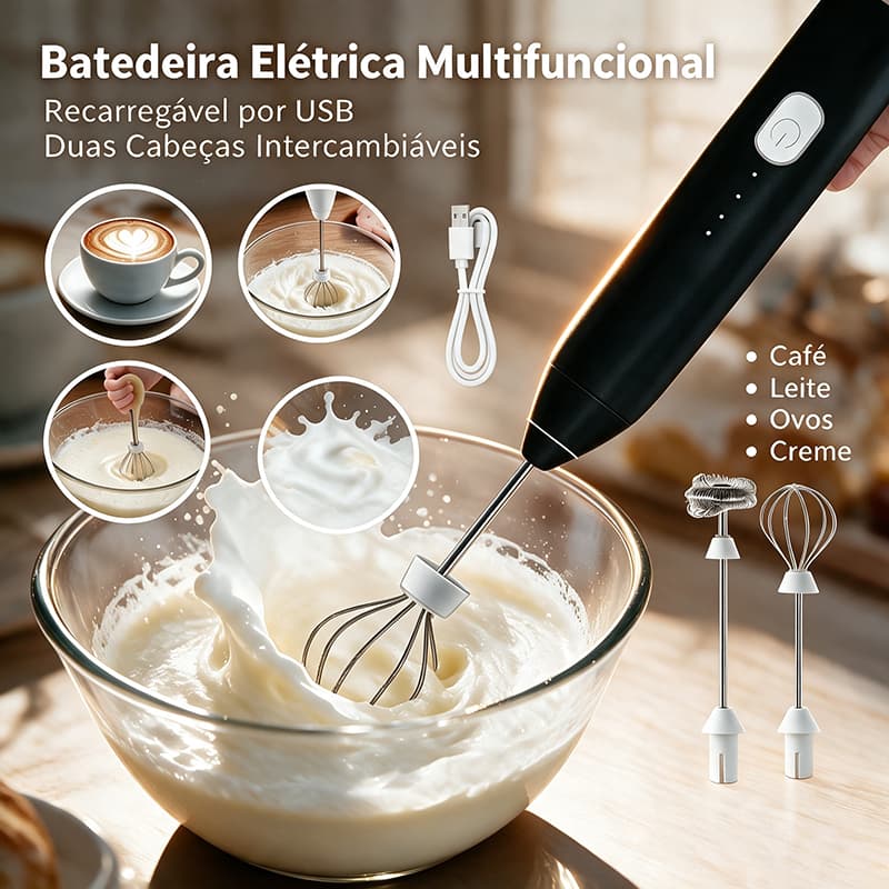 Espumador de Leite Elétrico Portátil Recarregável USB 2 em 1 com 3 Velocidades Ajustáveis, Batedor de Ovos e Misturador