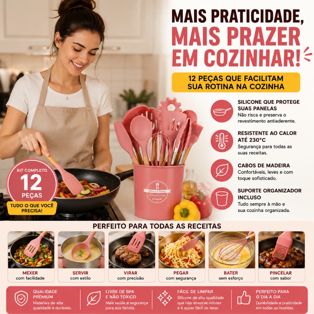 Kit Utensílios de Cozinha 12 Peças Silicone com Cabo de Madeira Resistente ao Calor e Suporte