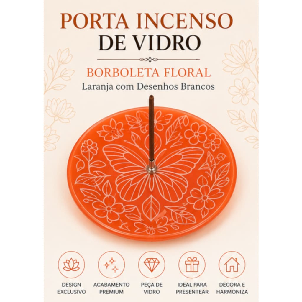 Porta incenso com estampa borboleta branca com fundo laranja redondo 13 cm de diâmetro de vidro