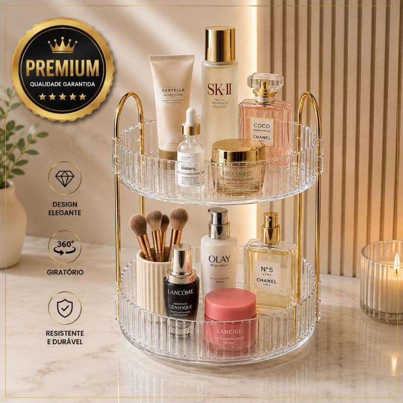 Organizador Porta Perfumes Cosméticos Giratório 360° Dourado Transparente 2 ou 3 Andares 22cm
