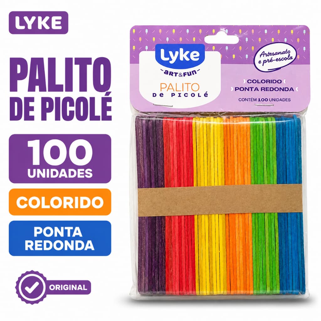 Palito de Picolé Colorido Ponta Redonda 100 Unidades Lyke Artesanato Pré-Escola Escola Todas Cores