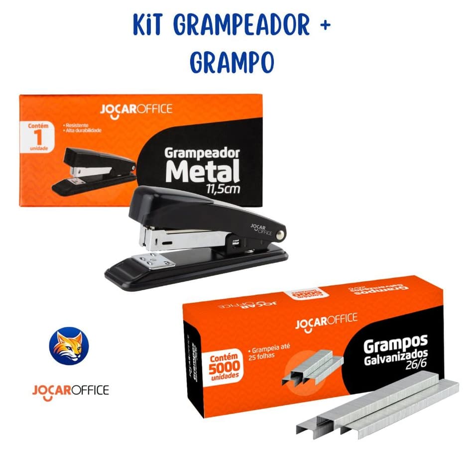 Kit Grampeador Metal 11.5 CM  + 5.000 Grampos 26/6 Galvanizados Escolar Escritório Jocar Office
