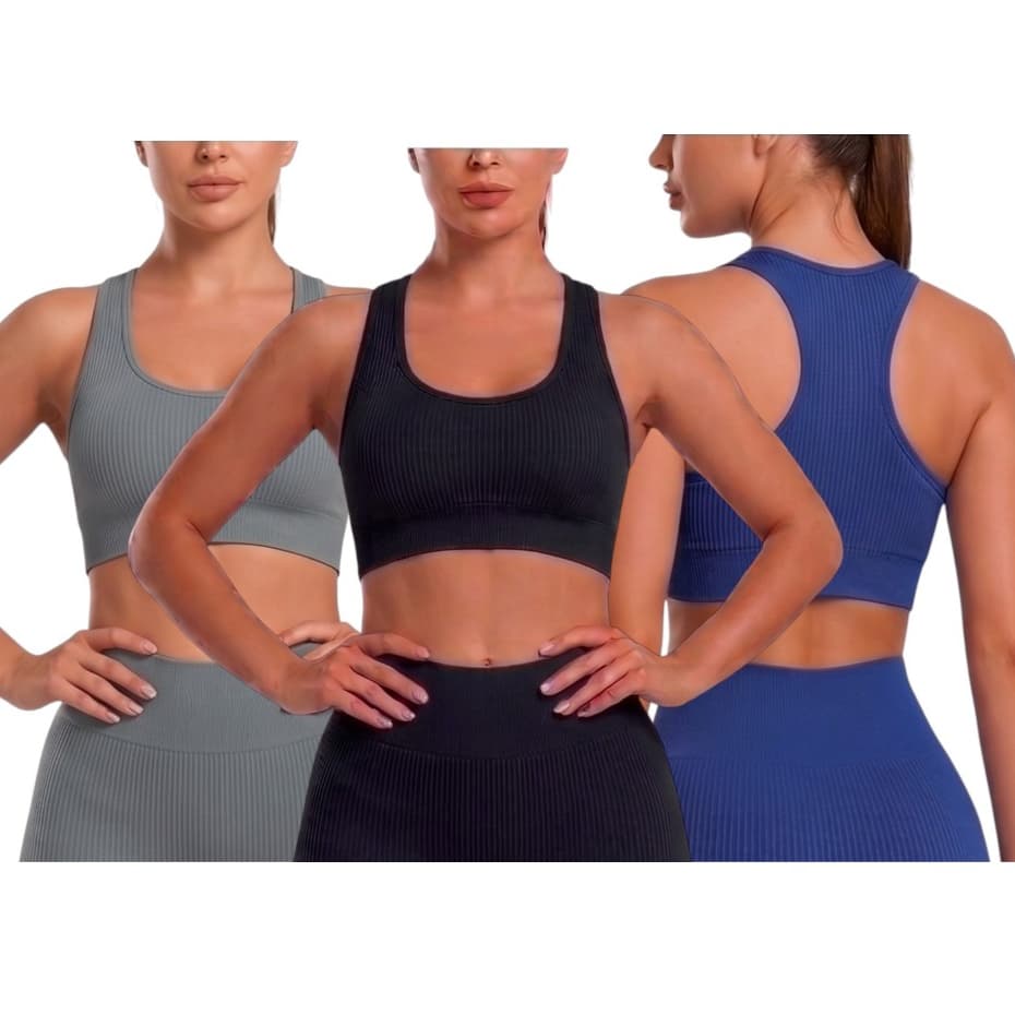 Kit 3 Tops Academia canelado poliamida top bojo removivel  treino pilates yoga caminhada basico