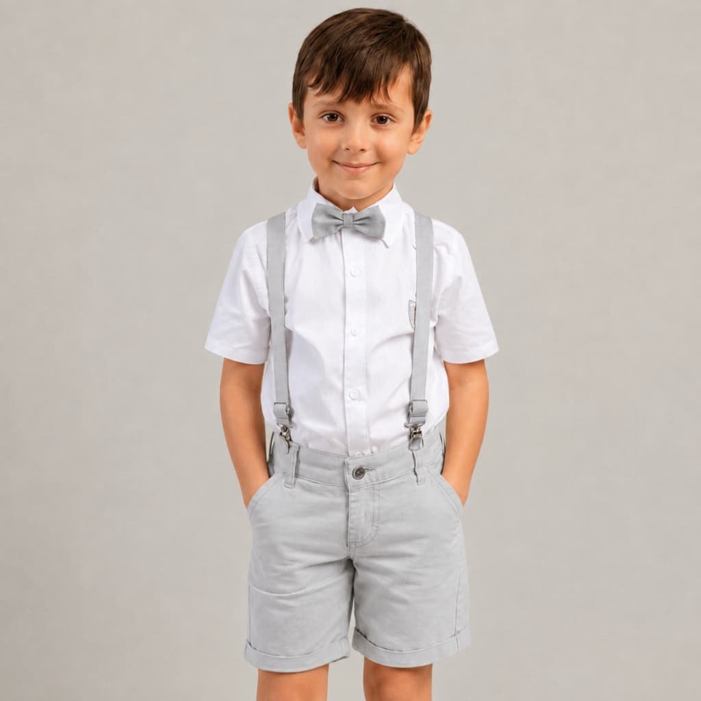 Conjunto Pajem Menino Bebê Cinza Batizado Casamento Festa Camisa Branca Bermuda Suspensório Gravata Social