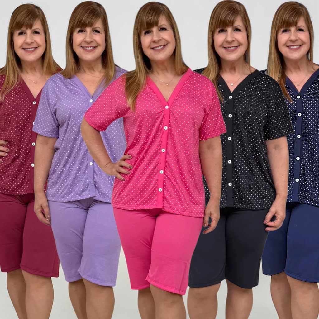 Kit 5 Pijama Pescador Aberto Manga Curta Poá Amamentação Cirurgia Botão Roupas Femininas Conjunto Bermuda e Blusa
