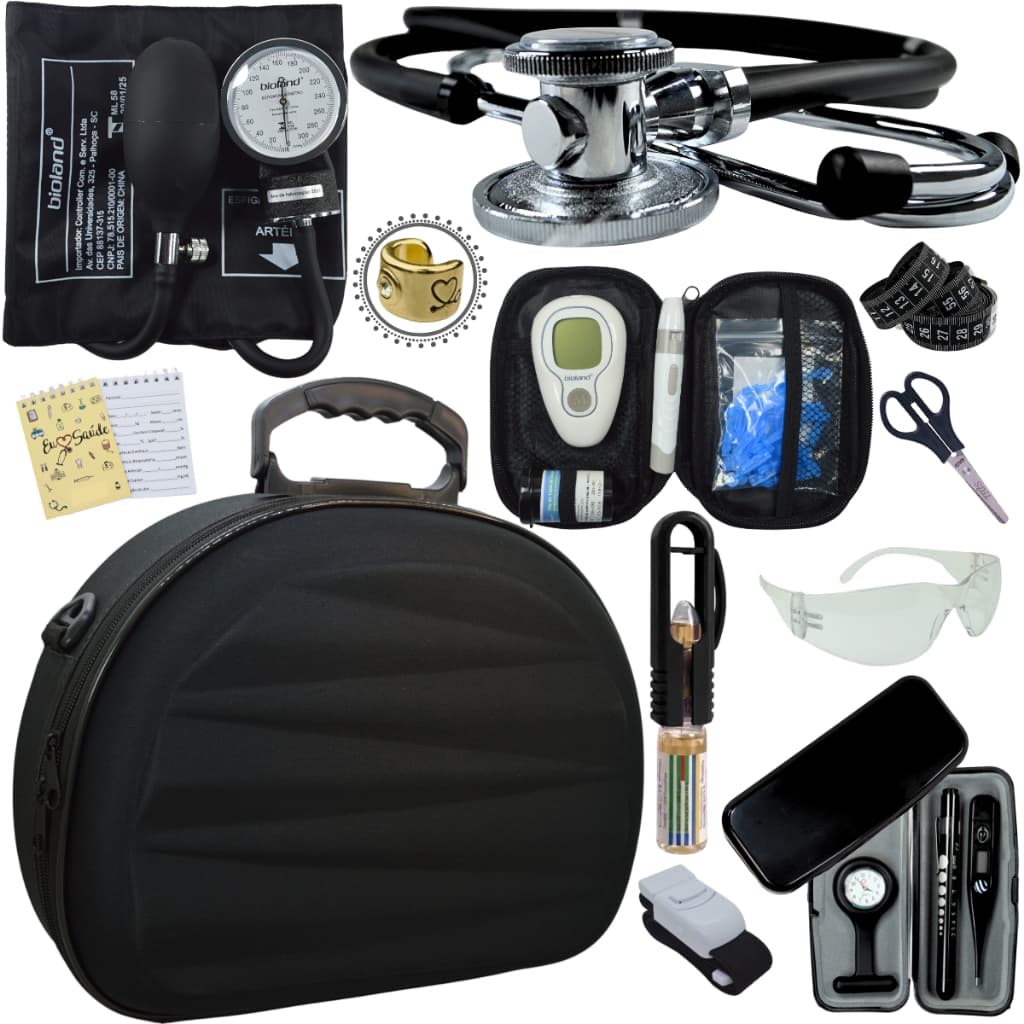 Kit Enfermagem Maleta Completo  Aparelho Pressão Aneroide Estetoscópio  Rappaport Duplo Com Medidor De Glicose