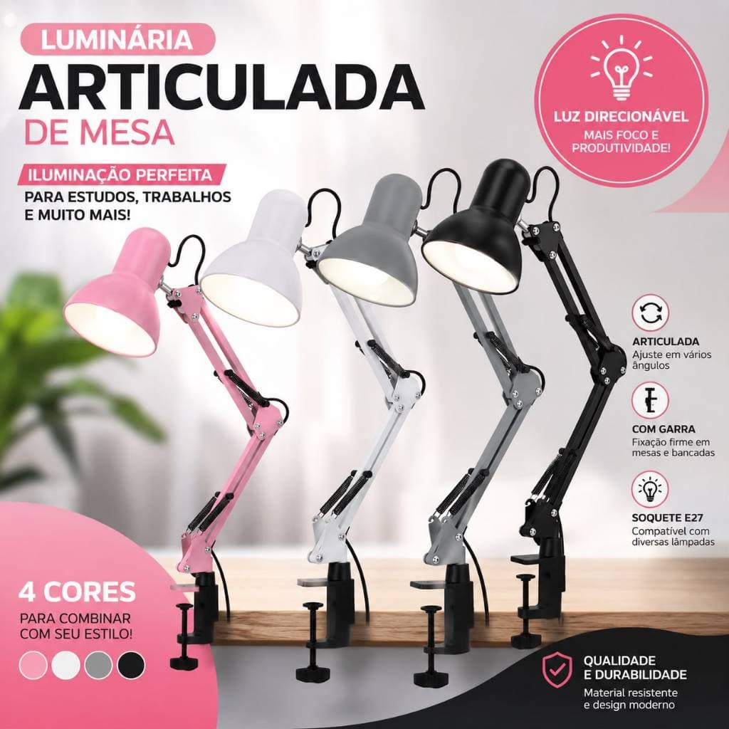 Luminária Pixar Mesa Abajur de Metal pra Estudo Articulável Dobrável com Base