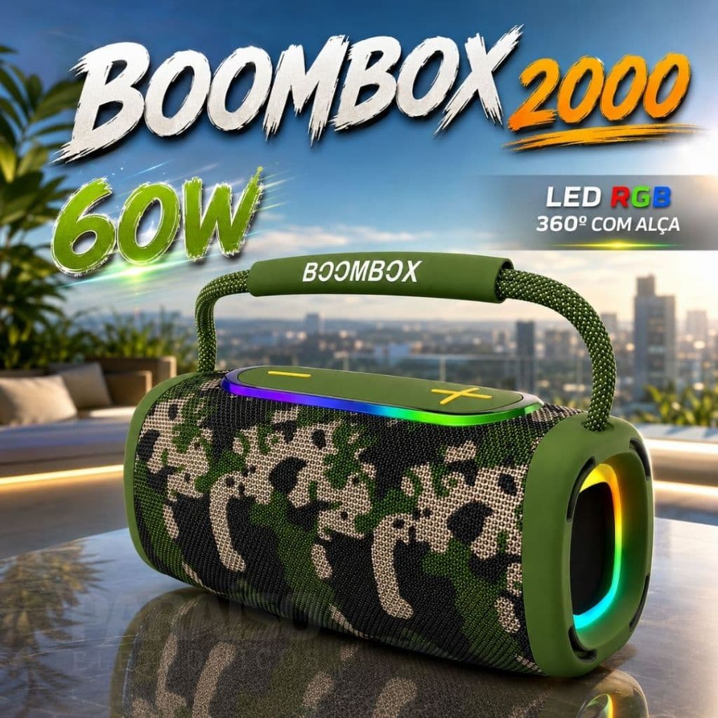 Caixa de Som BOOMBOX 2000 Bluetooth 60W Potente Portátil Rádio FM LED RGB AUX Cartão SD Prova d'Água
