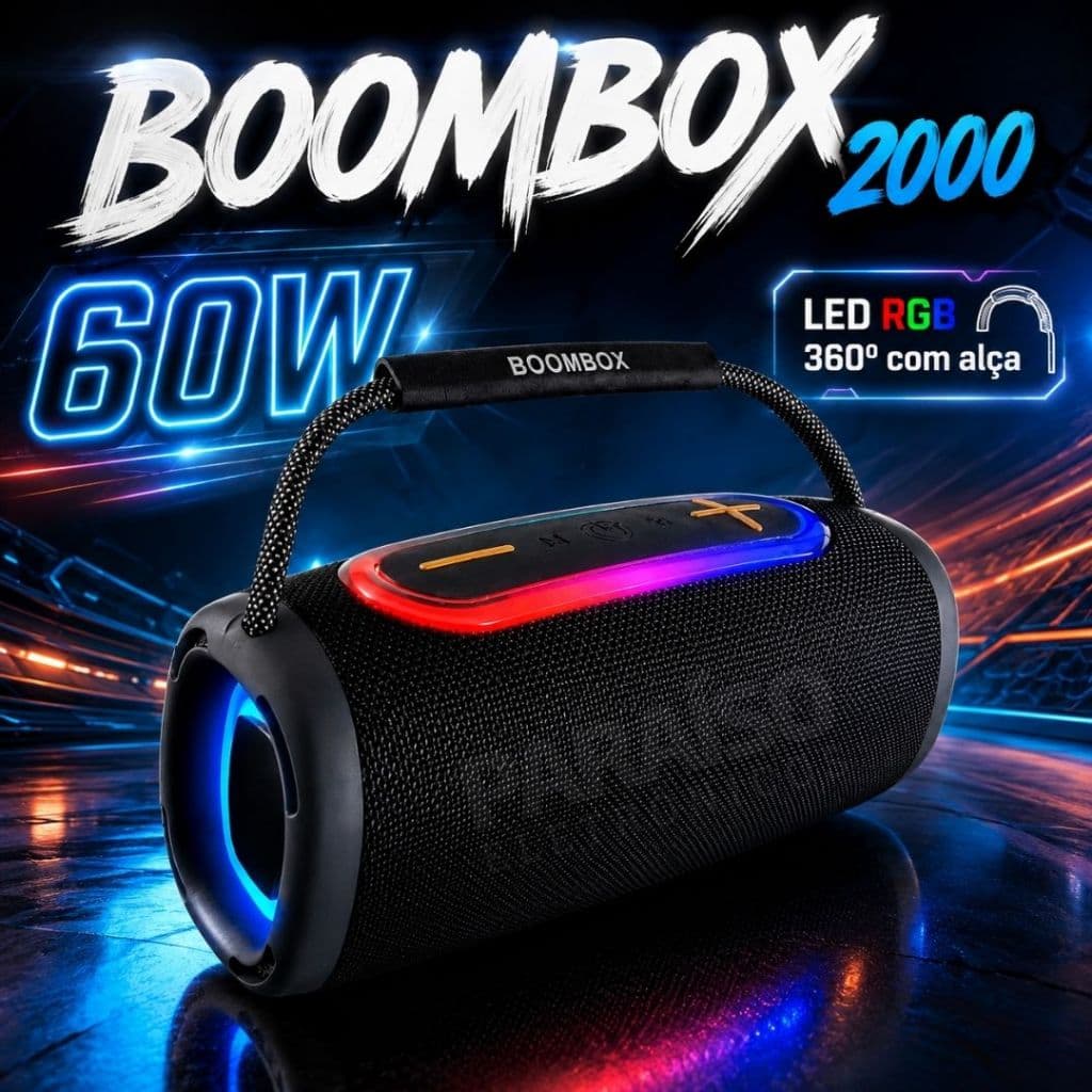BOOMBOX 2000 Caixa de Som 60W Potente Bluetooth Portátil Rádio FM LED RGB AUX Prova d'Água