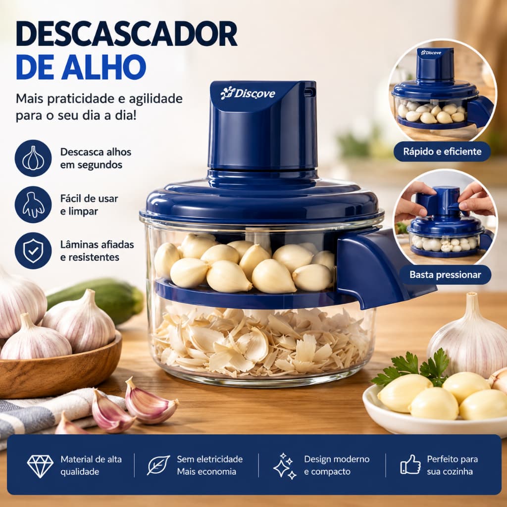 Descascador Elétrico Automático em Aço Inox, Prático Descascador para Alho, Uva e Legumes