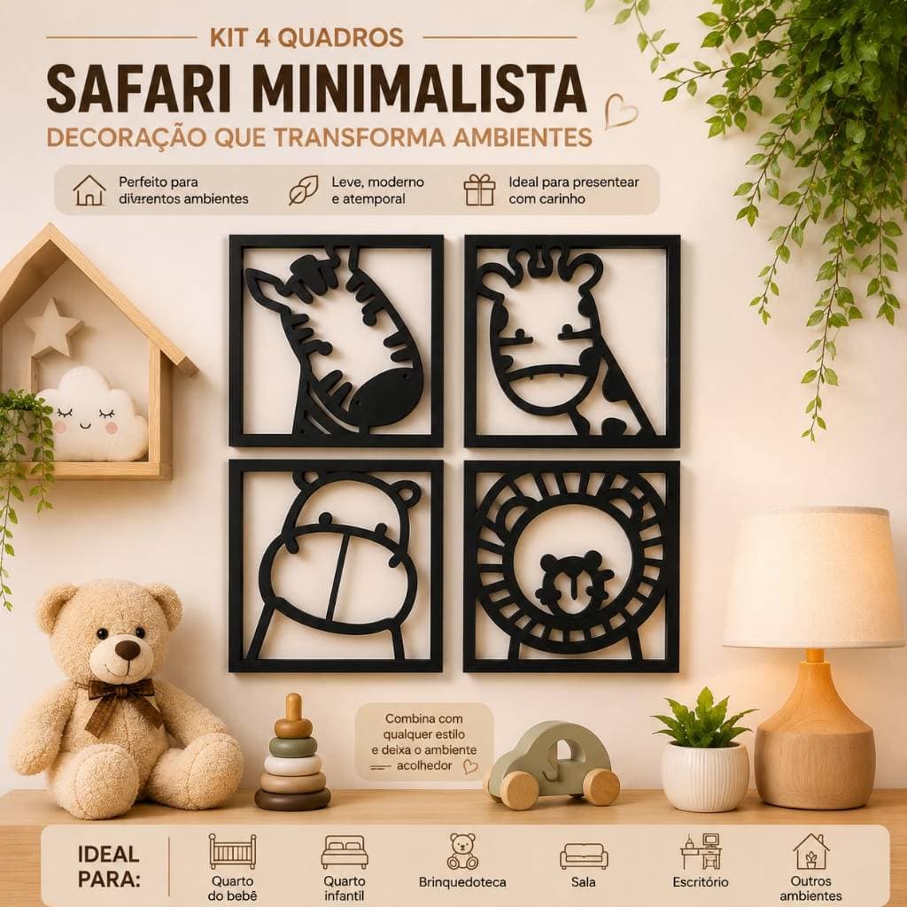 Kit 4 Quadros Decorativos Safari Infantil Animais Parede Quarto Bebê Sala Brinquedoteca