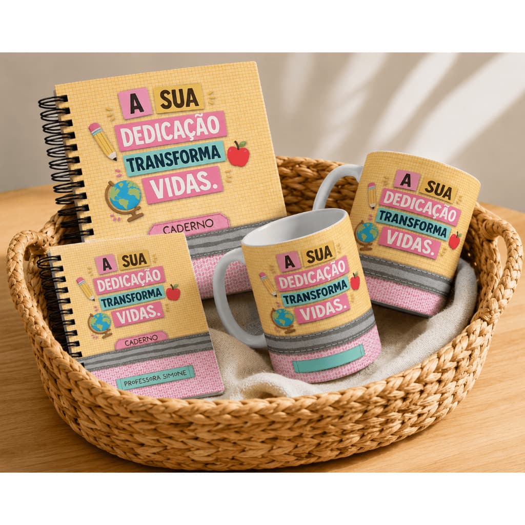Kit Presente Dia dos Professores Personalizado | Caderno + Bloquinho + Caneca "A Sua Dedicação Transforma Vidas"