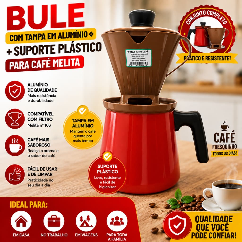 Caneco Bule de Alumínio Vermelho com Tampa + Suporte Porta Filtro de Café Melitta 104  1,8 Litros