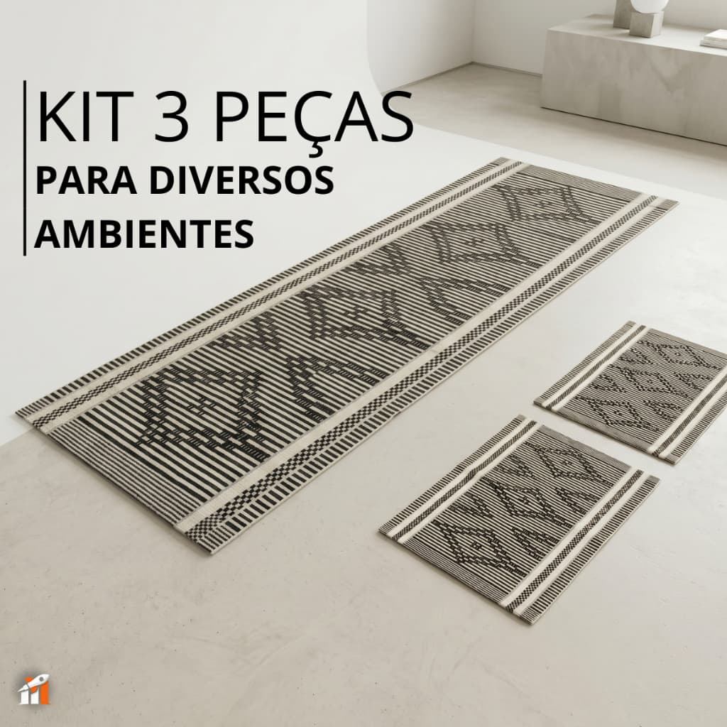Kit 3 Peças Tapetes para Cozinha 100% Algodão Premium 2 Tapetinhos + 1 Passadeira Luxo Moderno Macio Elegante